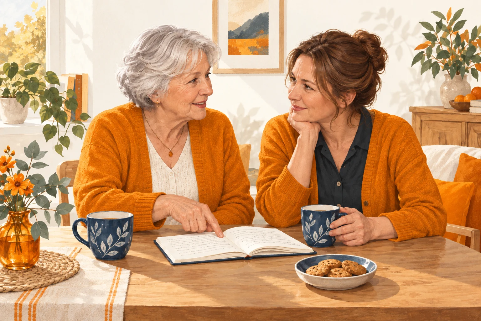 Ilustracja: seniorka i opiekunka rozmawiają przy wspólnym notatniku